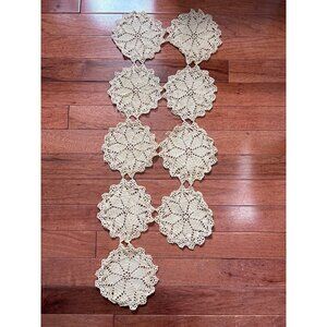 Vintage Hand Crocheted 9-Piece Beige Lace Doily Table Runner